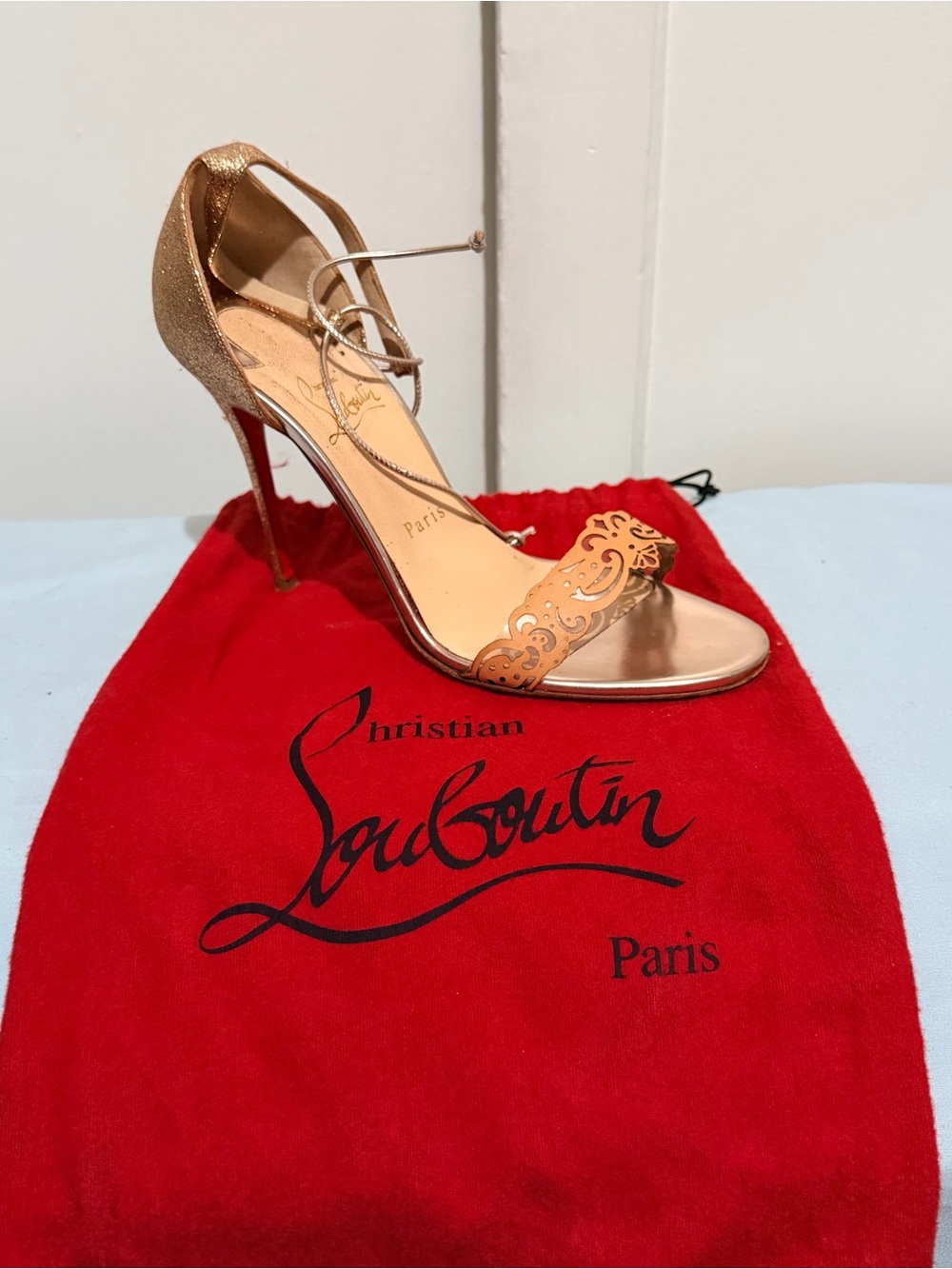 Christian Louboutin Rose Gold Lace-Up Stiletto Sandals